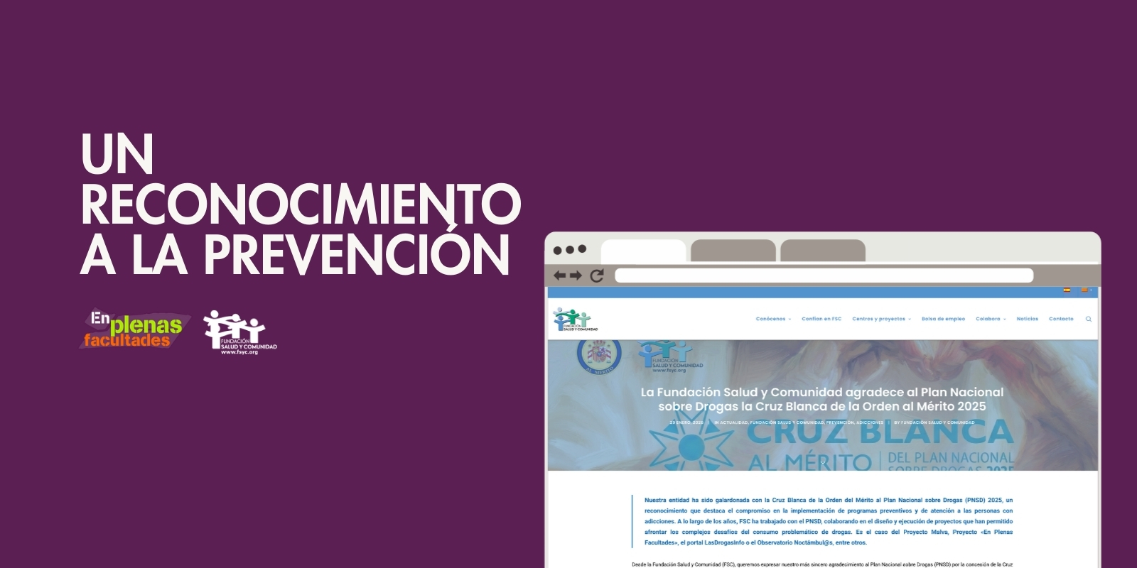 EPF celebra el reconocimiento a la Fundación Salud y Comunidad con la Cruz Blanca del PNSD